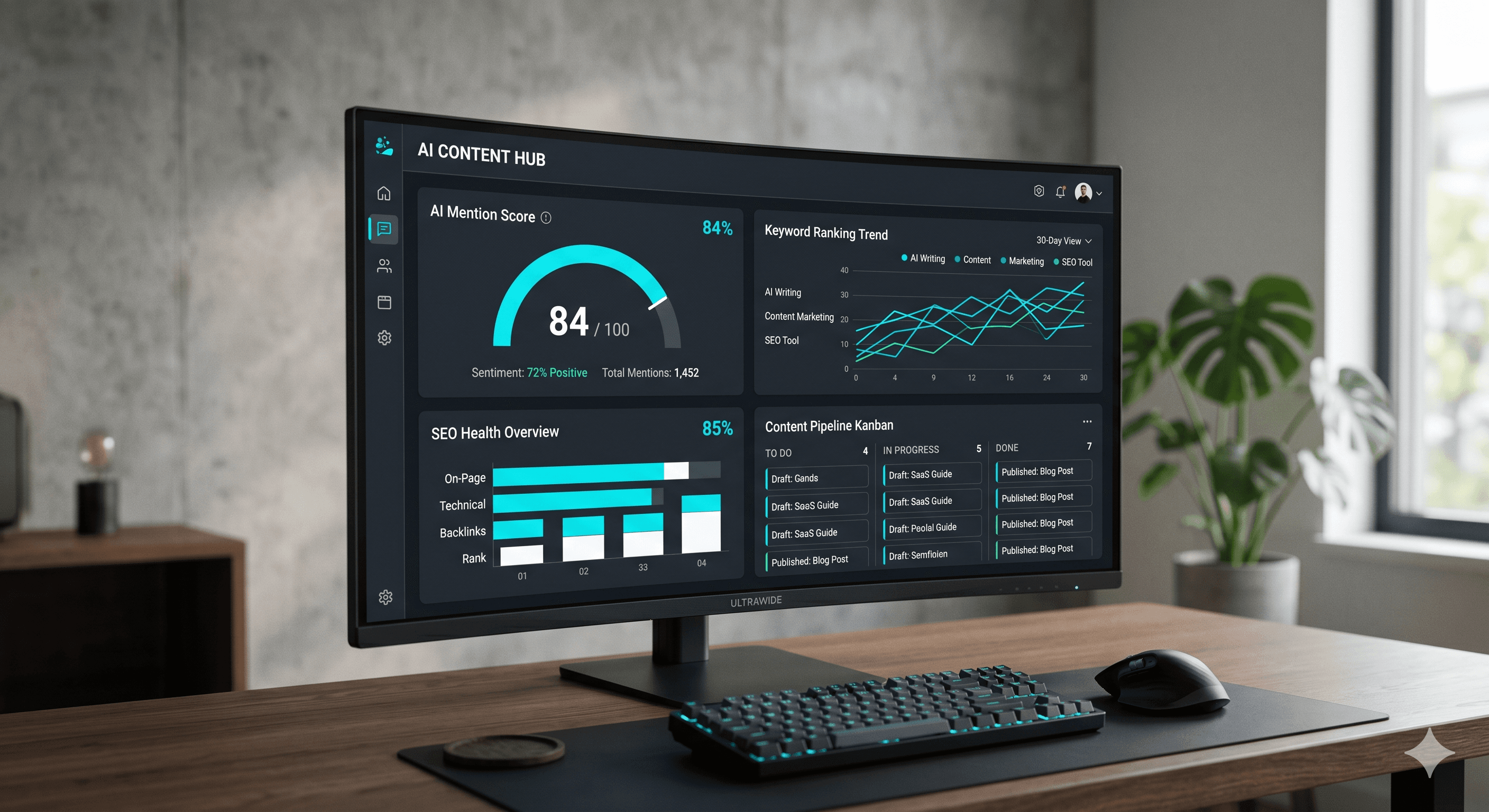 SAMA: AI Content Hub med AI-omnämnandepoäng, sökordstrend, SEO-hälsa och content-pipeline