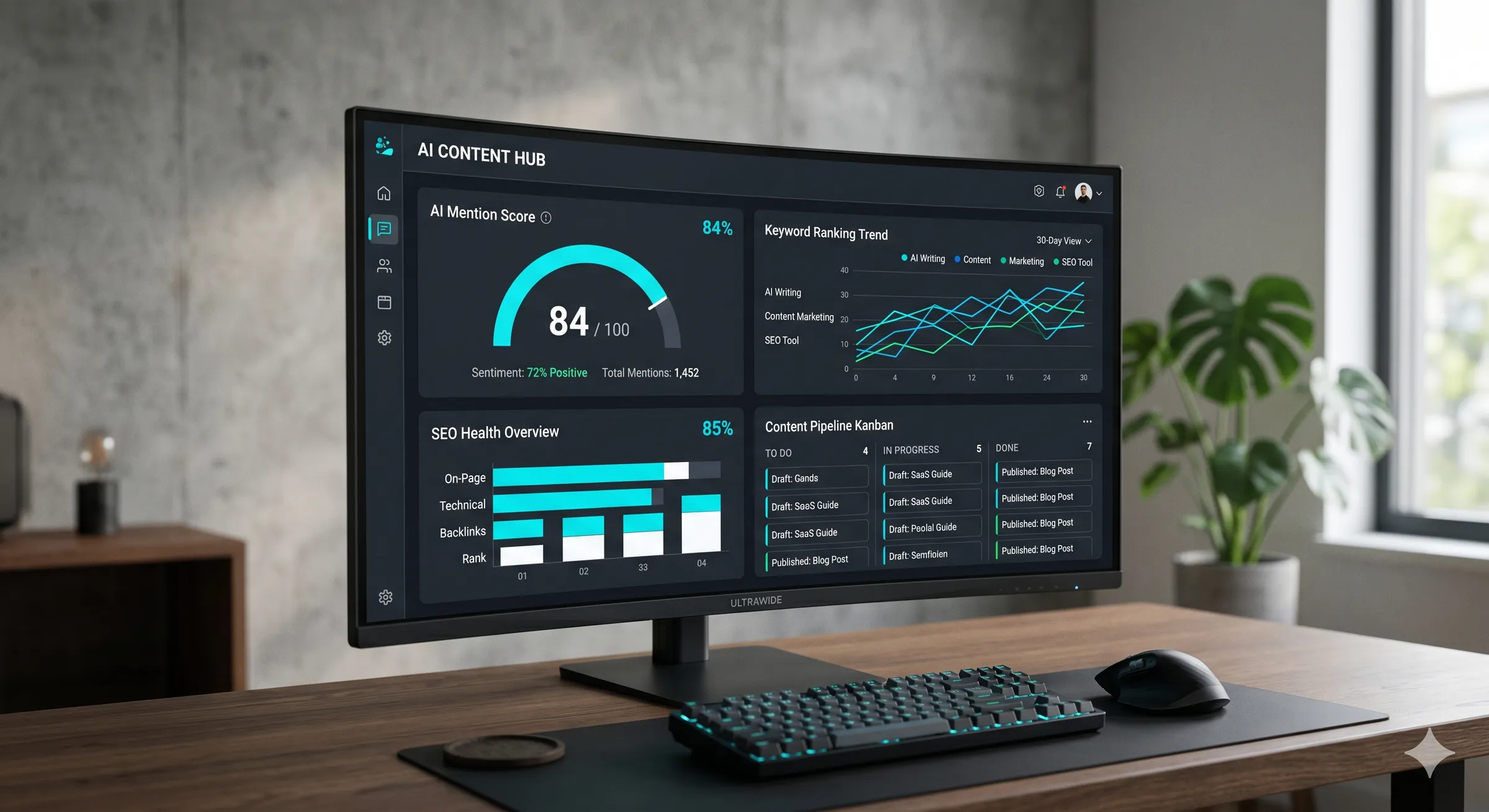 SAMA: AI Content Hub with AI mention score, keyword trend, SEO health and content pipeline