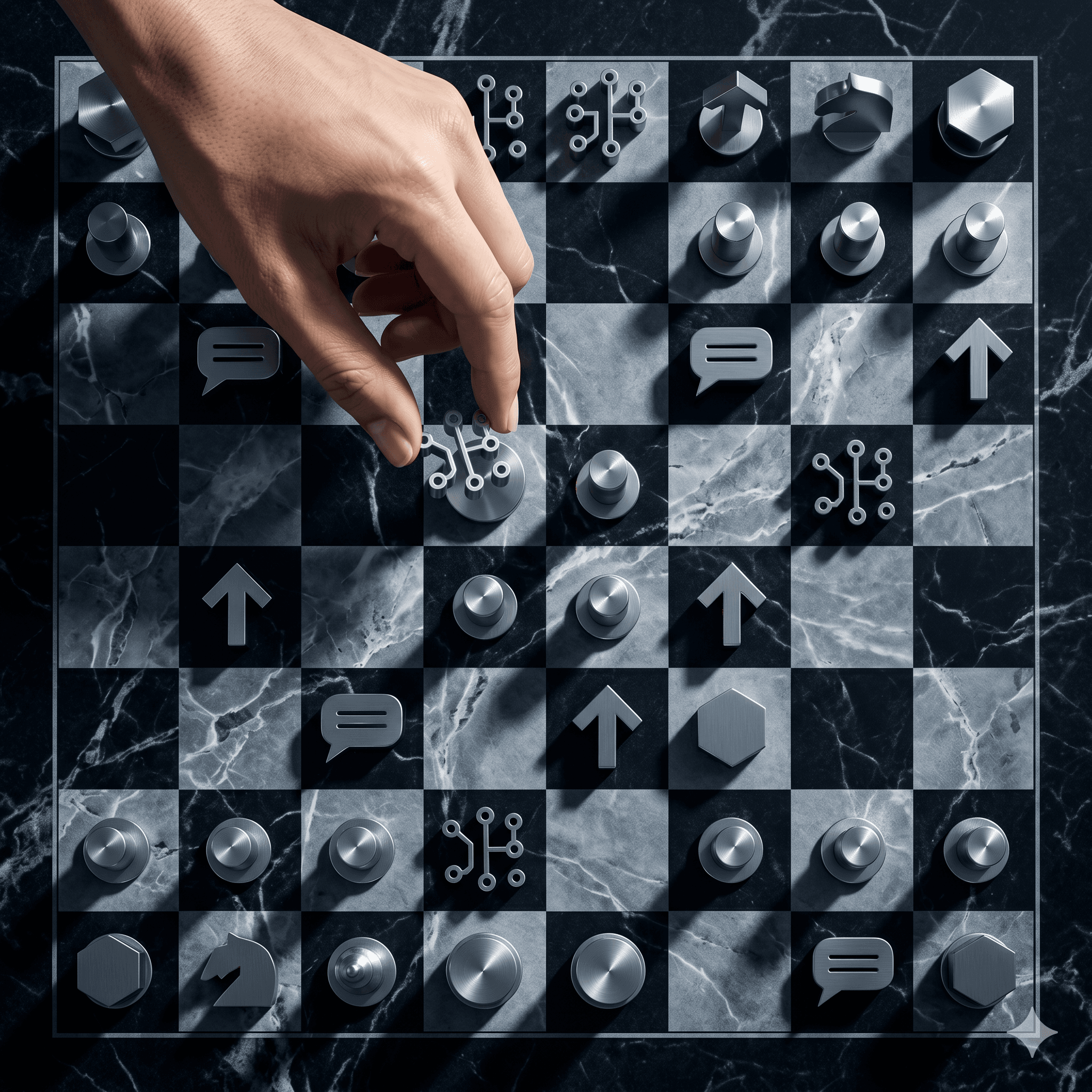 Schackbräde med AI-formade pjäser — agentic AI som strategiskt beslutsfattande