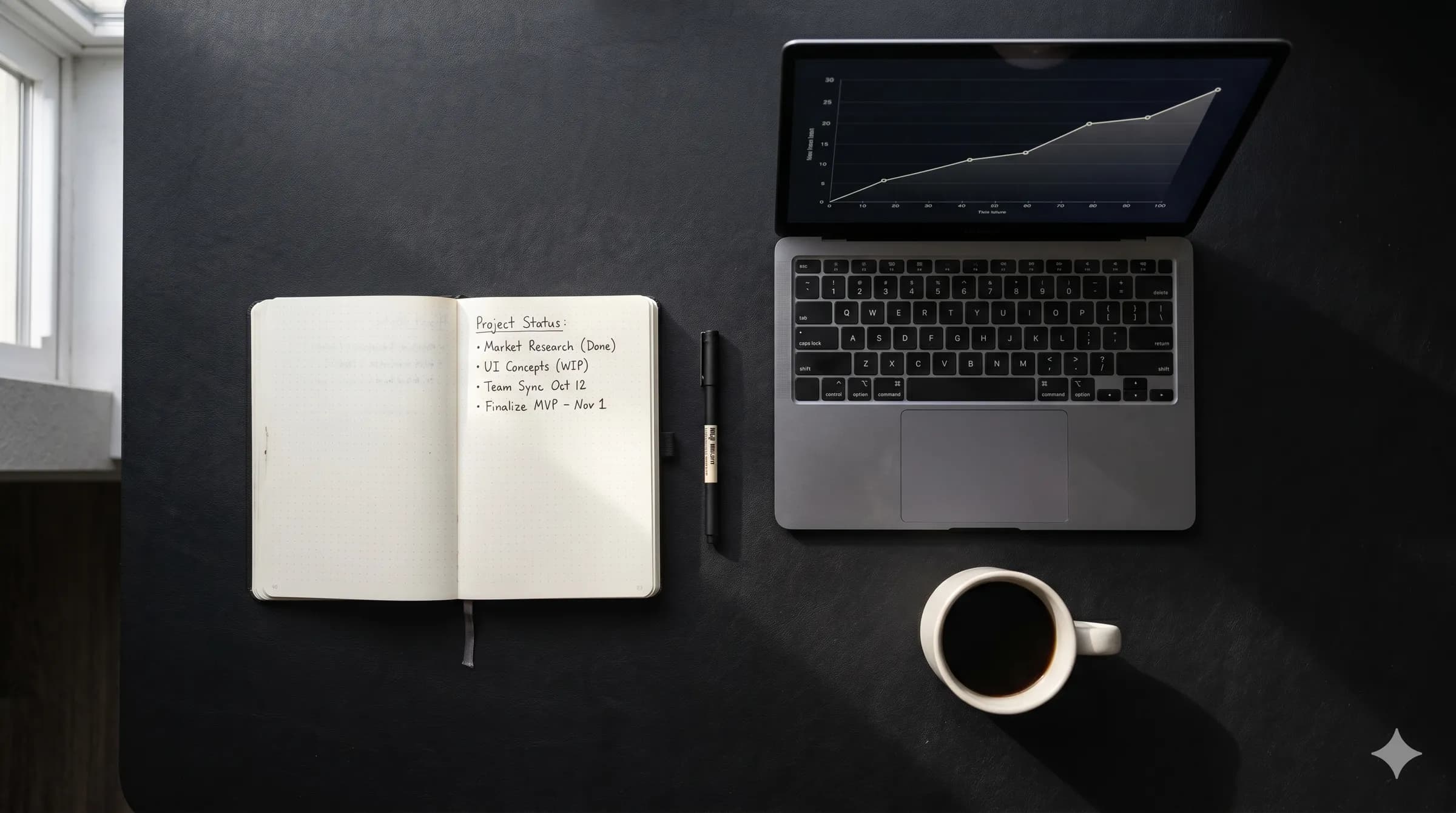 Desk with project plan and laptop showing a growth curve