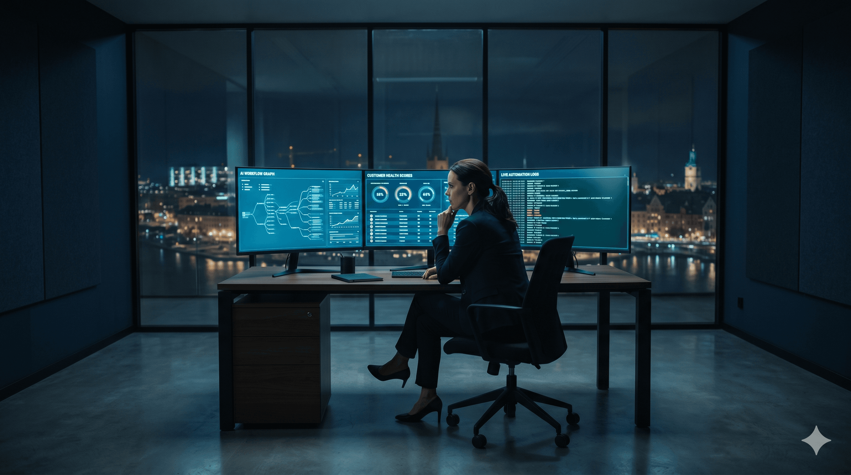 Strategist at three screens with dashboards, Stockholm skyline in the background