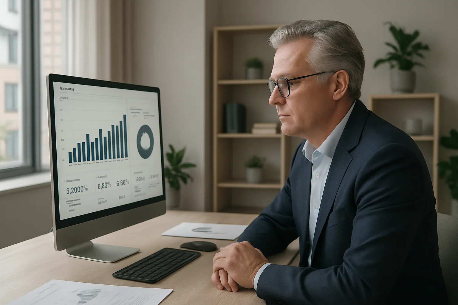 Ekonomichef granskar ROI-kalkyl för AI-automation i kontaktcenter på finansiell dashboard