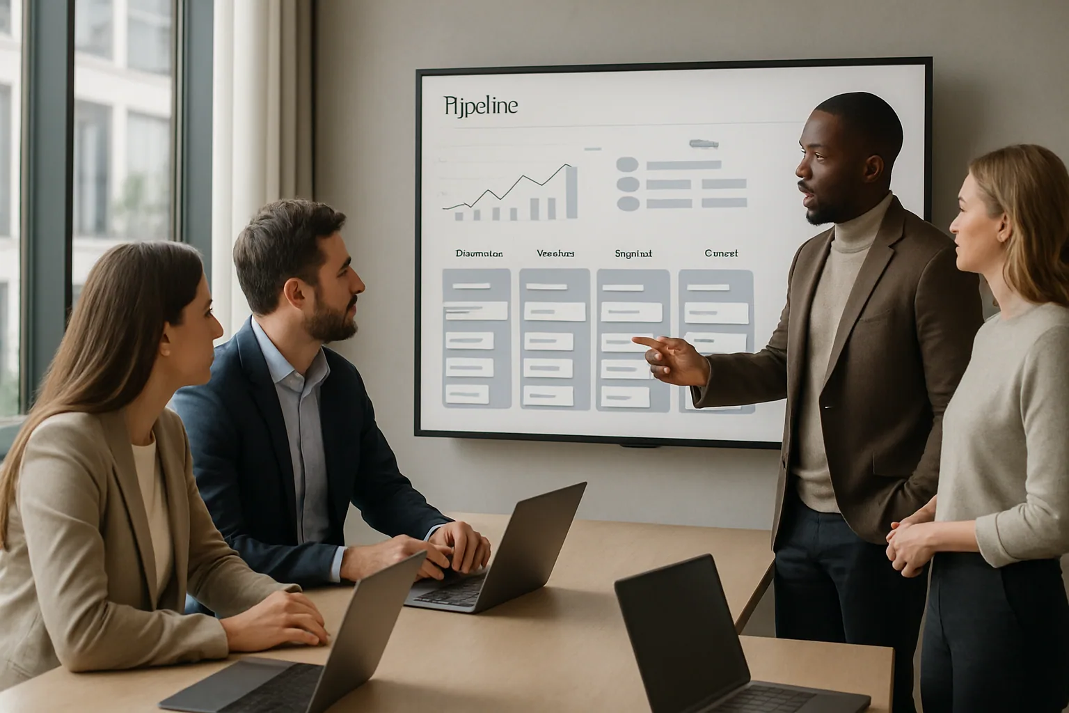 B2B-marknadsteam analyserar pipeline-dashboard för AI-driven marknadsföring i modernt kontor