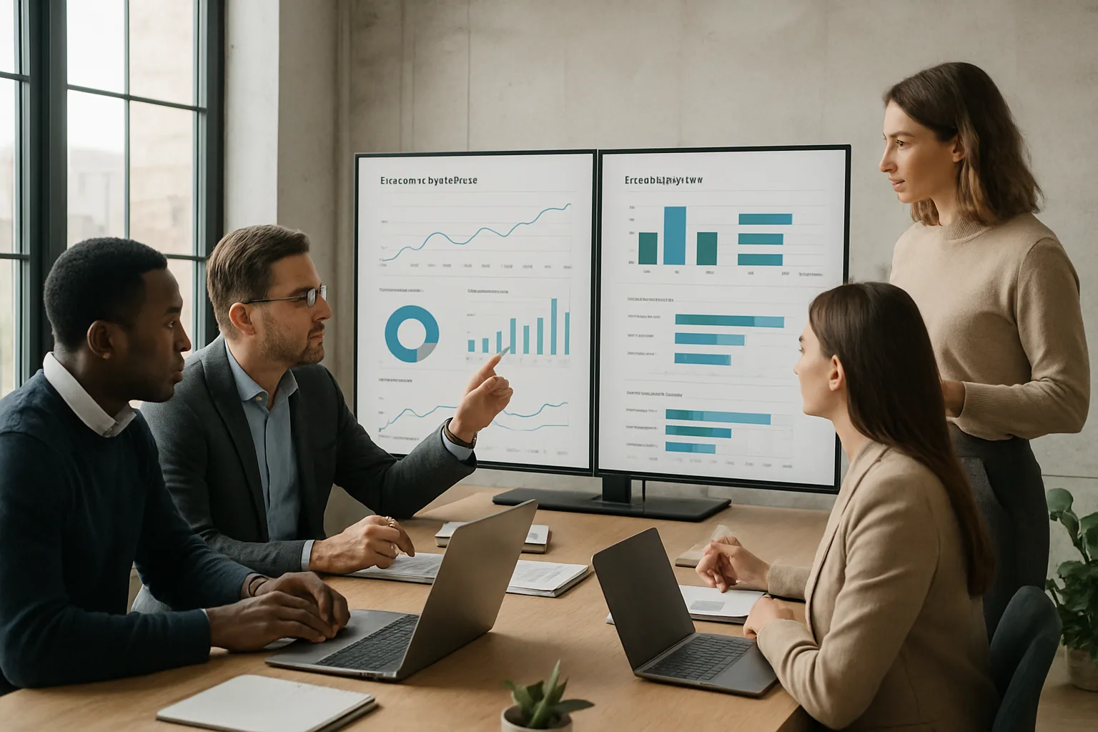 SaaS-team analyserar kundhälsodata på dashboards under en AI-implementation på kontoret