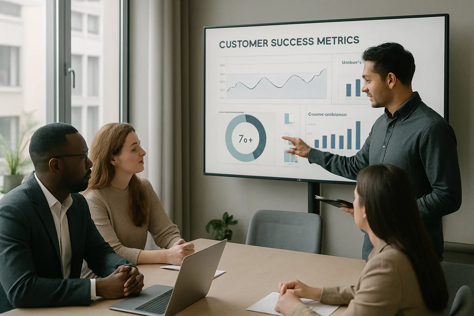 Customer success-team granskar mätvärden på en dashboard efter AI-implementation i SaaS-bolag