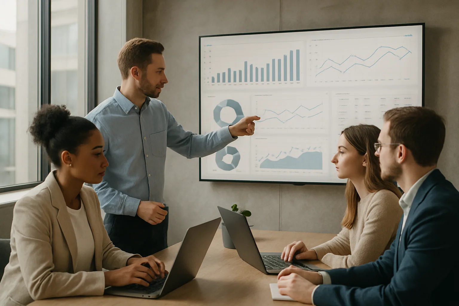 Team analyserar dashboards med resultat från AI-projekt på ett modernt kontor