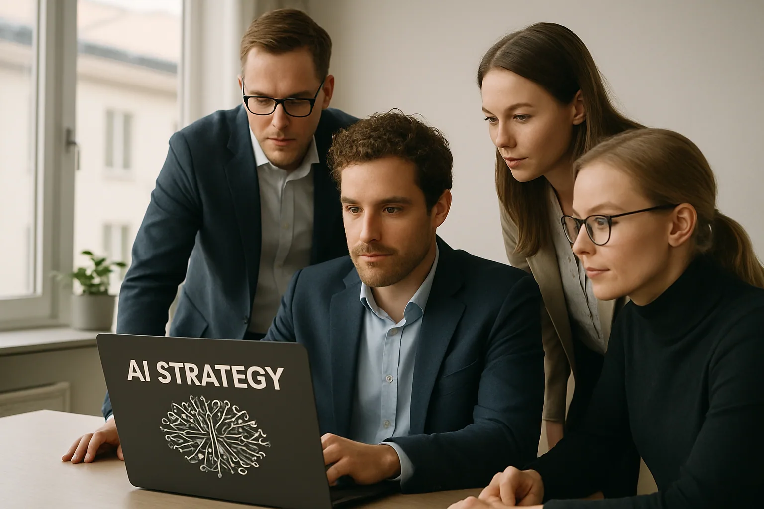 Ledningsgrupp utvärderar AI-strategi och konsultförslag på laptop i ett svenskt kontor