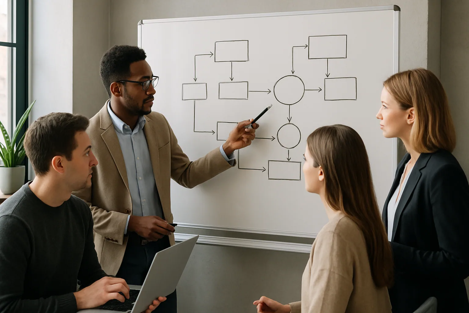Team kartlägger processflöden på en whiteboard inför AI-automation på ett modernt kontor