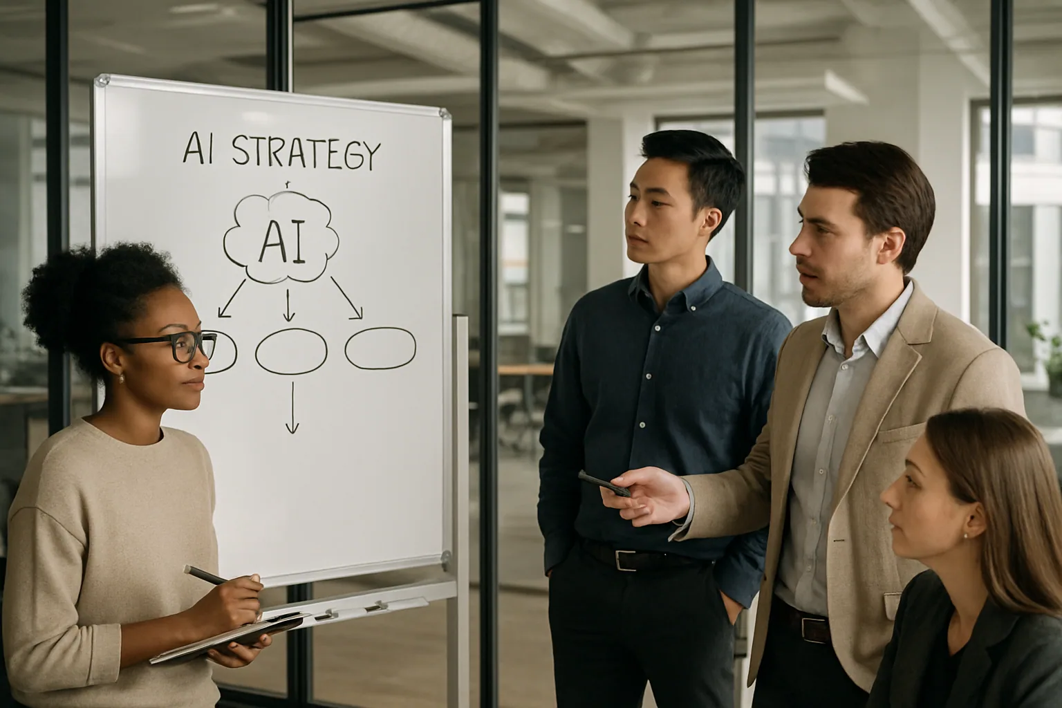 Team diskuterar AI-strategi och automationsflöden vid en whiteboard på modernt kontor