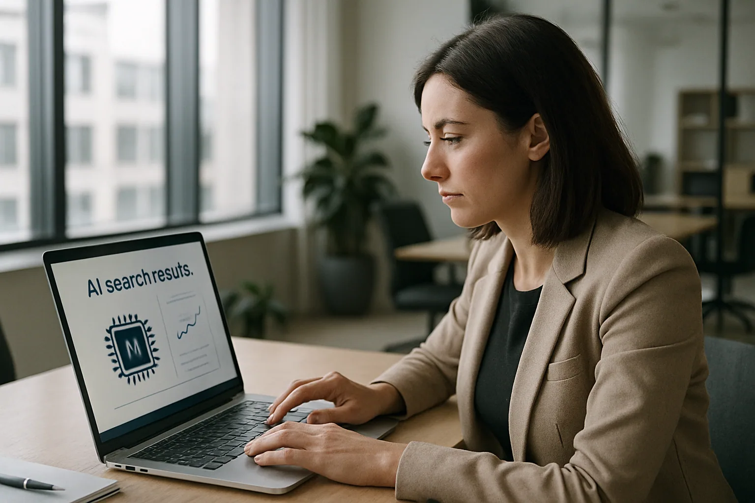 Marknadsförare analyserar AI-sökresultat från ChatGPT och Perplexity på laptop