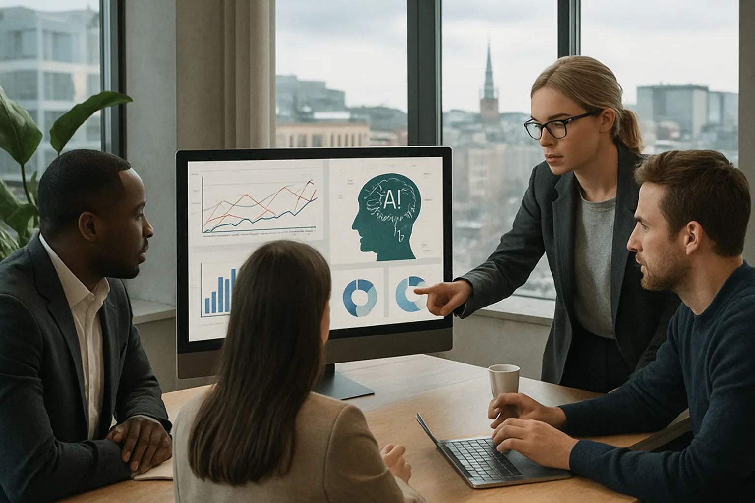 Team analyserar AI-dashboards tillsammans på ett modernt kontor i Stockholm
