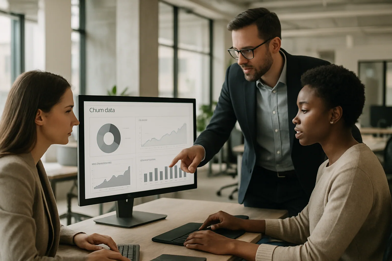 Customer success-team analyserar churn-data på dashboards i ett modernt SaaS-kontor