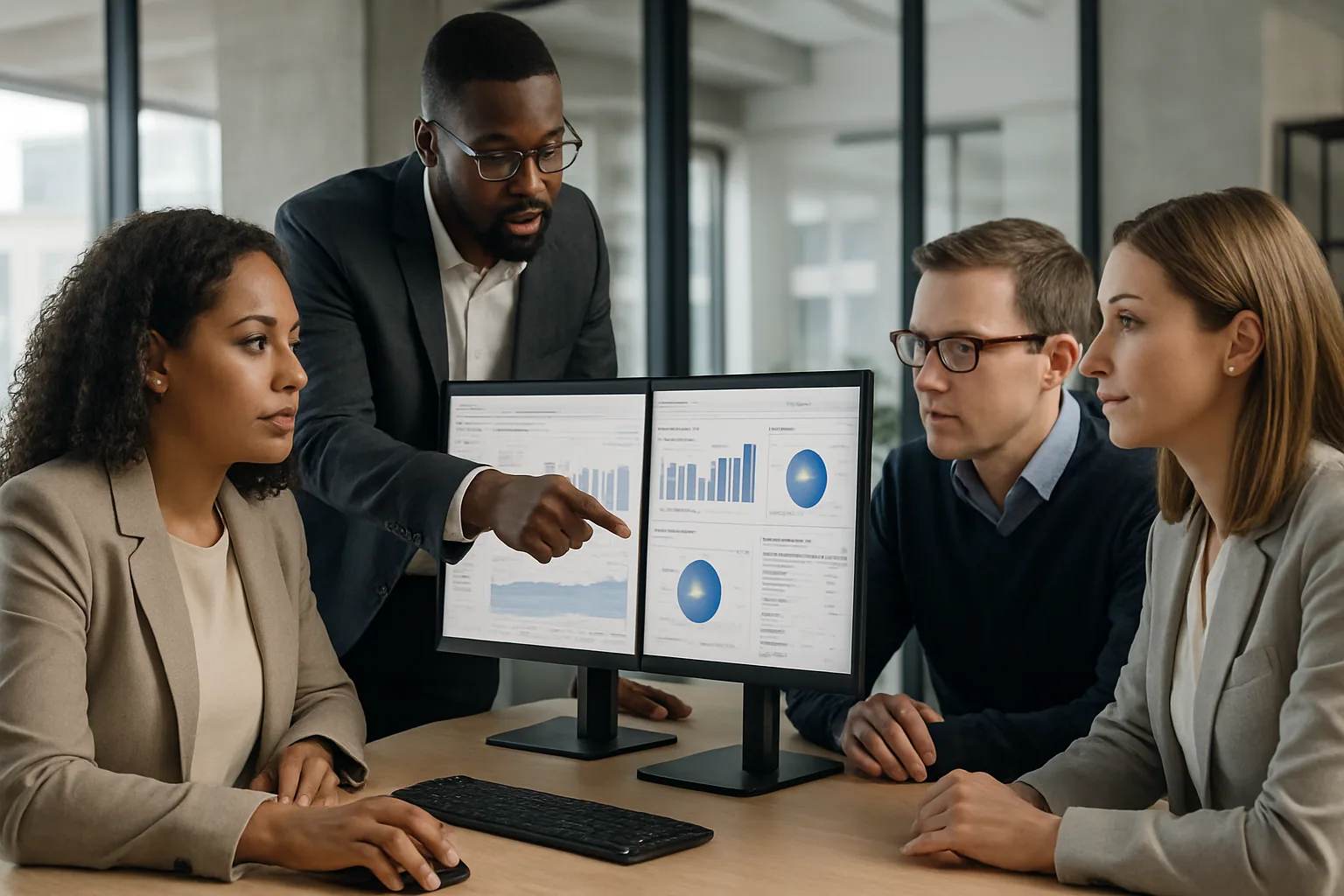 Customer Success-team jämför health scores i dashboards på ett modernt kontor