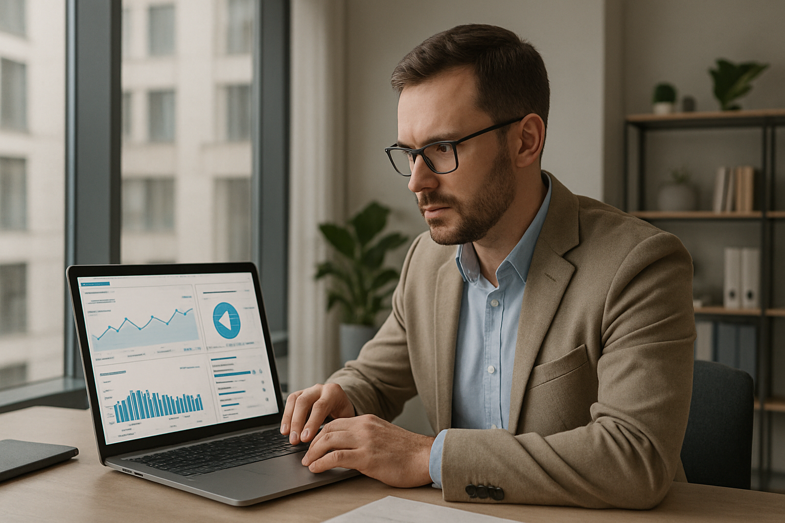 professional reviewing LinkedIn analytics on laptop in modern office