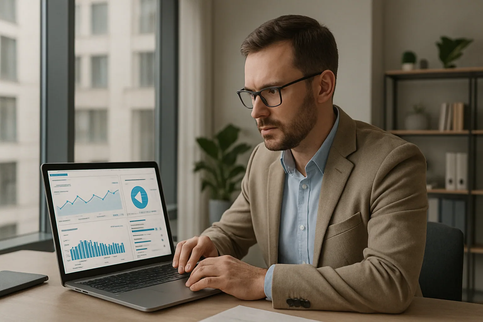 Konsult granskar LinkedIn-annonsstatistik på en laptop i ett modernt kontor