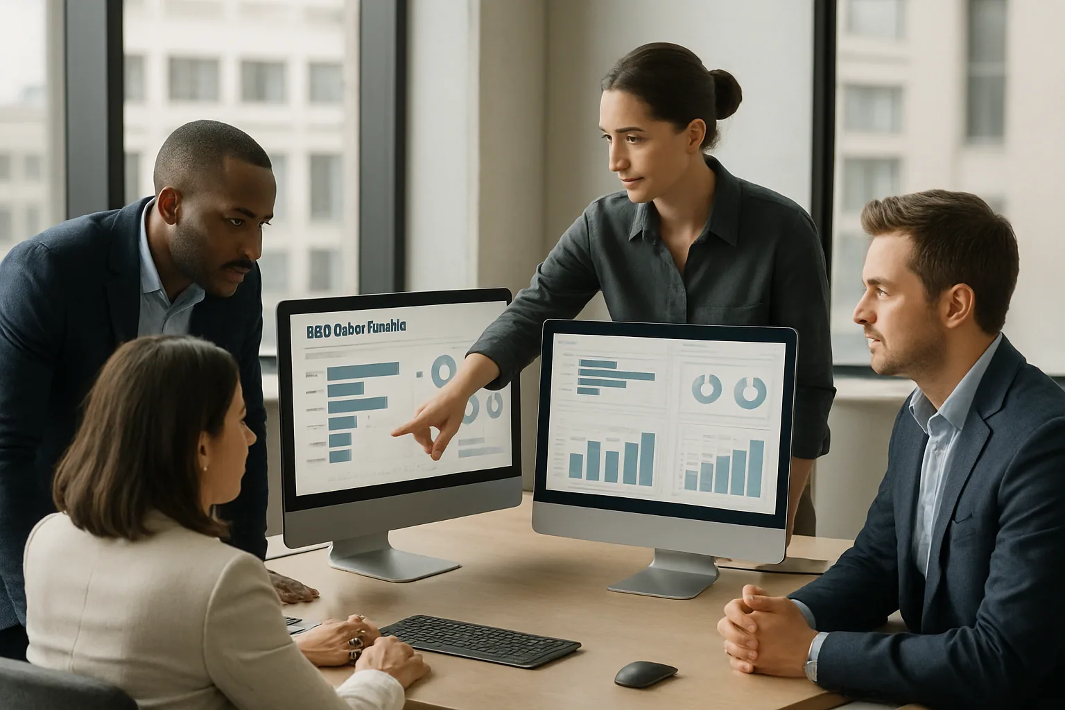 Marknadsteam analyserar B2B-pipeline och SEO-data på skärmar i modernt kontor
