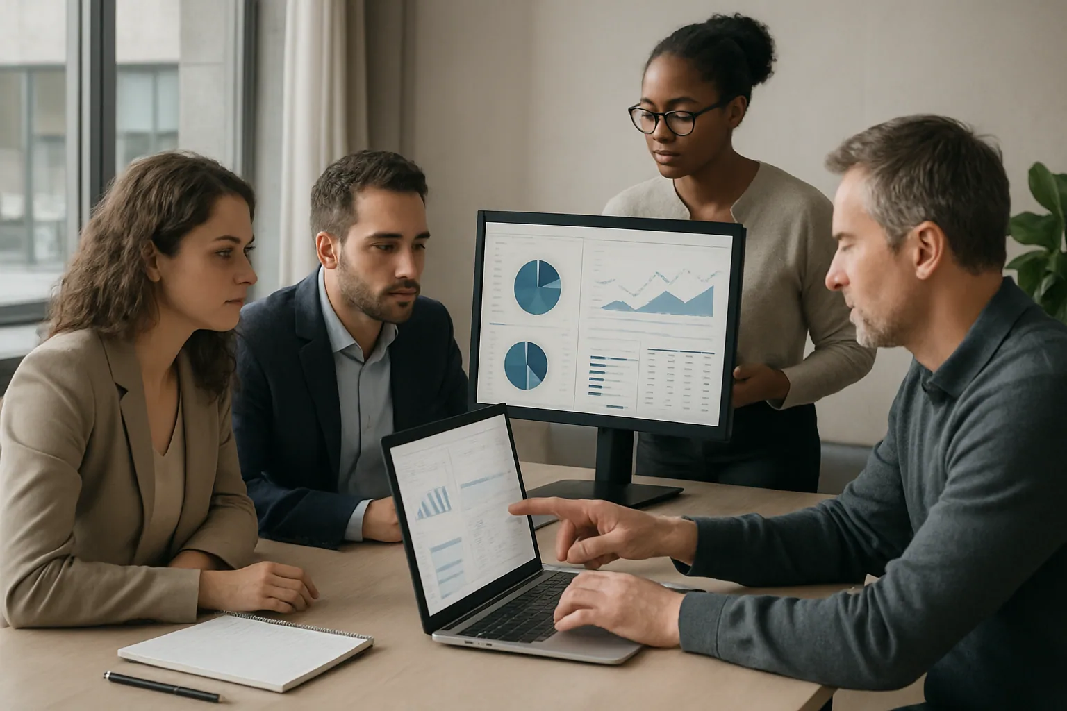 B2B-marknadsteam granskar SEO-dashboards med pipeline-data i ett modernt kontor