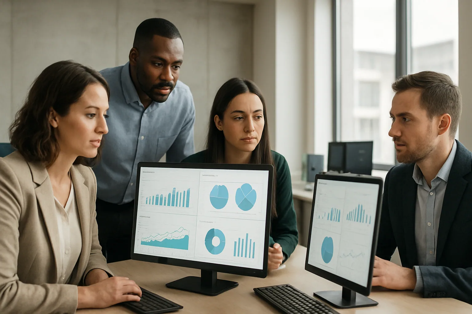 Customer success-team följer AI-drivna health scores på dashboards i ett modernt techkontor