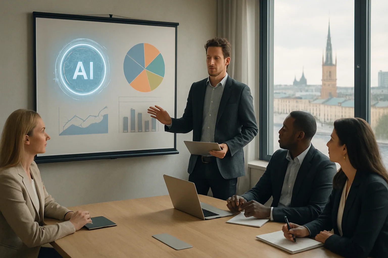 Konsult presenterar AI-analys för ledningsgrupp i ett modernt kontor i Stockholm